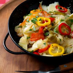 patatas confitadas con pimientos y cebolla