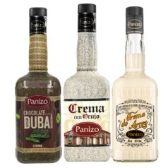 Pack formado por una botella de chocolate dubai, otra de crema de orujo y otra de crema de arroz con leche Panizo