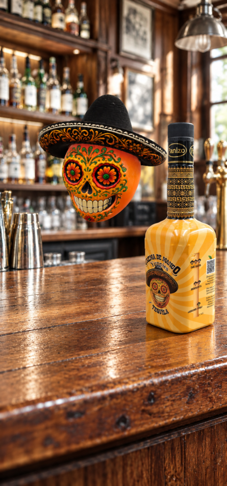 Calavera de mango y botella de tequila