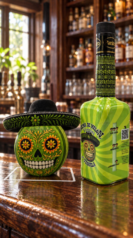 Realidad aumentada de katrina de melón al lado de la botella de Crema de melon con tequila Yuppies