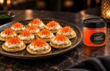 blinis que queso crema y huevas de trucha