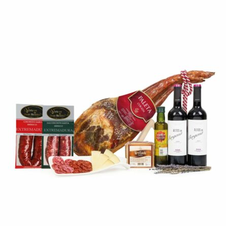 Caja jamonera regalo con paleta curada, ibéricos, queso y Rioja
