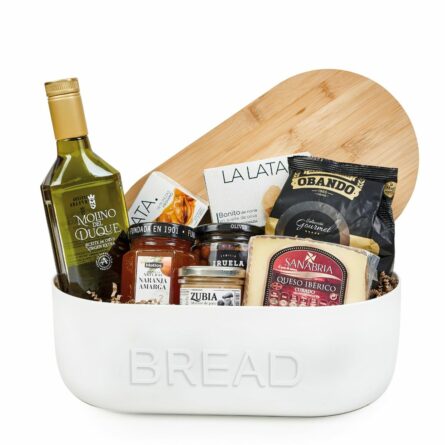 Cesta regalo gourmet sin alcohol en panera con queso ibérico, AOVE y conservas