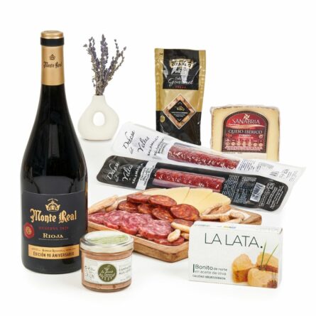 Caja regalo gourmet con ibéricos de bellota, queso ibérico y Monte Real Reserva