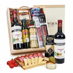 Lote gourmet 215 en estuche de madera con ibéricos de bellota, dos tintos reserva y espárragos