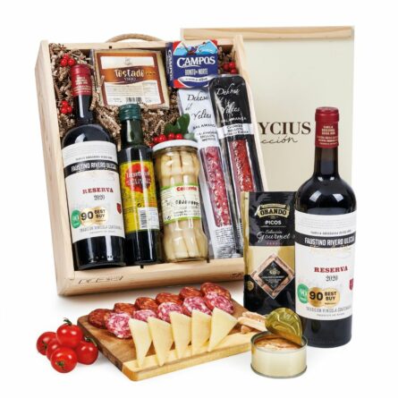 Caja regalo en estuche de madera con ibéricos de bellota y dos tintos Reserva
