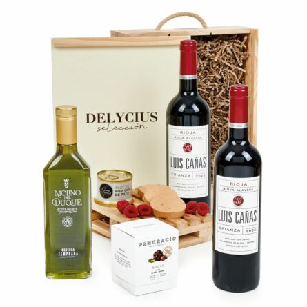 Caja regalo en estuche de madera con dos Luis Cañas Crianza y foie gras de pato