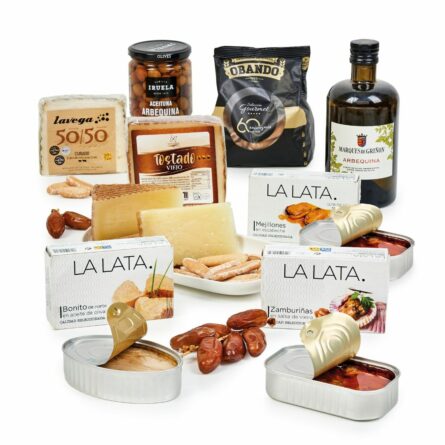 Caja regalo gourmet sin alcohol con quesos, zamburiñas, bonito y AOVE