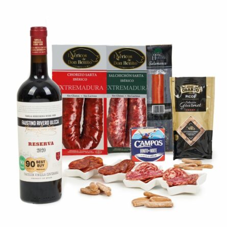 Caja regalo con chorizo y salchichón ibérico, sobrasada y tinto Reserva