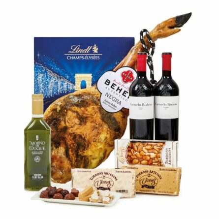 Caja jamonera regalo con paleta ibérica de bellota Beher, Ribera del Duero y turrones
