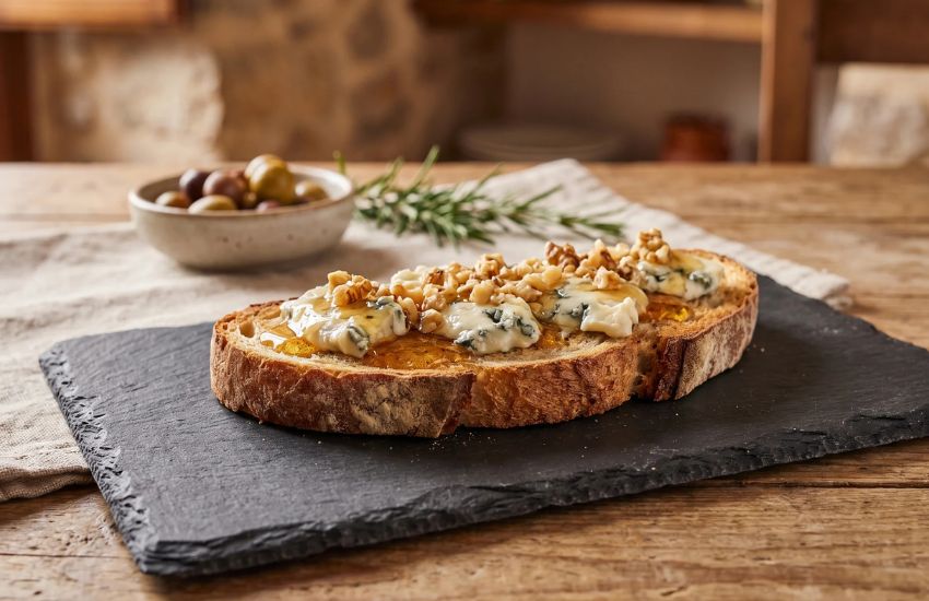 tosta de queso azul, nueces y miel