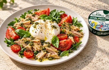 Ensalada de ventresca de atún al pesto con burrata y tomates cherry